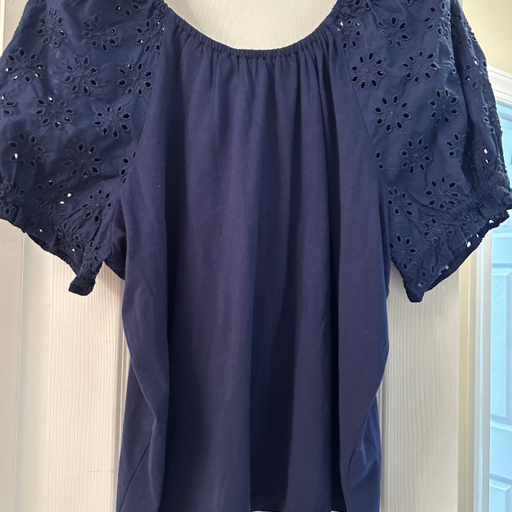 J. Crew Navy Eyelet Sleeve Blouse with bow in back